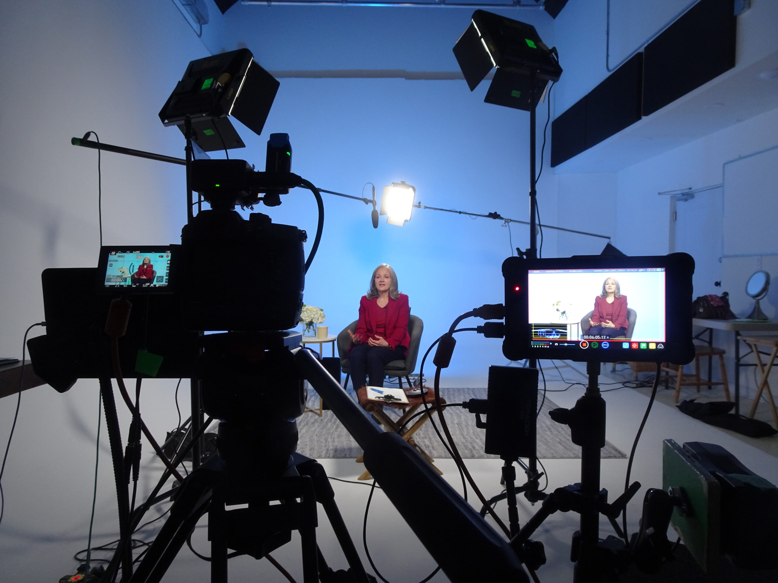 In studio medical interview video production services with a white cyc wall at Genie Lamp Studios Markham.